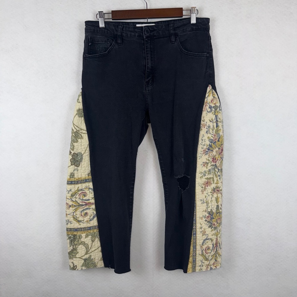 Kancan Reworked Jeans Women 13/30 Black Floral Tapestry Quilted Boho Cottagecore